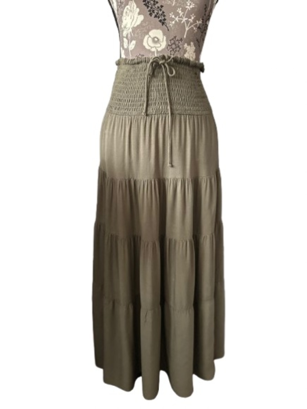 HAEOF Women' S Olive Green Rayon Tired Maxi Skirt with Smoked Wait & Drawstring